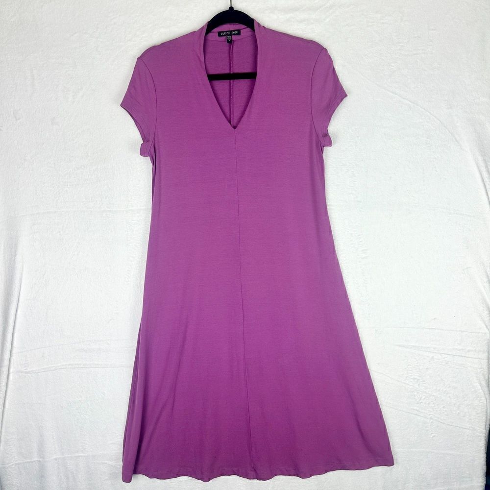 Eileen Fisher V-Neck Jersey Dress Size Small Stretch Short Sleeve Knee Length